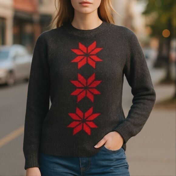 ROBERT BRUCE Wool Sweater Poinsettia Dark Grey Christmas Print Size L - Picture 1 of 15